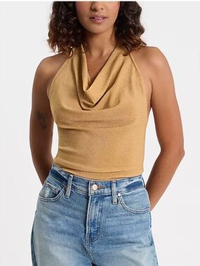 Express Skimming Metallic Cowl Neck Halter Tank in Gold